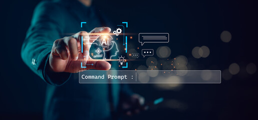 Poster - Ai tech, businessman show virtual graphic Global Internet connect Chatbot Chat with AI, Artificial Intelligence. Using command prompt for generates something, Futuristic technology transformation.