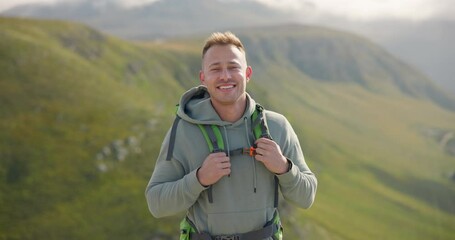 Wall Mural - happy man, face and backpack with mountain for hiking, adventure or outdoor journey in nature. portr