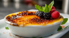 Close-up of creme brulee dessert , famous french cuisine burnt cream