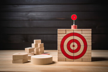 Hand holding wooden block with target aiming dart board and arrow up on table background. Business achievement objective goal and project progress growth value processing marketing financial