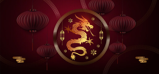 Wall Mural - Chinese New Year, texture dark red illustration with dragon in round frame and red lanterns.