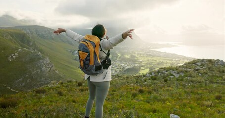 Wall Mural - woman, mountain top and freedom or celebration of hiking goals, travel or trekking adventure in natu