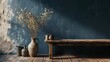 Rustic deep blue wall with flower in vase 
