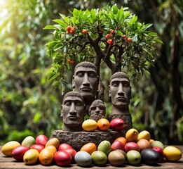 Wall Mural - Statues of Buddha and mangoes on wooden table with nature background