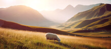 Young Sheep Grazes In Meadow In Spring Against Backdrop Mountains And The Setting Sun
