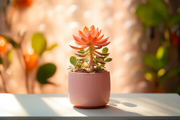 Poster - Sunshine-infused glow around a succulent in a minimalistic pot, radiating warmth.