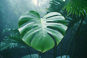 Poster - Misty minimalism with a monstera leaf, evoking the mysterious beauty of the tropical forest.