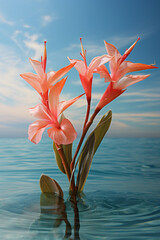 Poster - A glow on the horizon featuring heliconia flowers in a minimalistic arrangement, capturing tropical warmth.