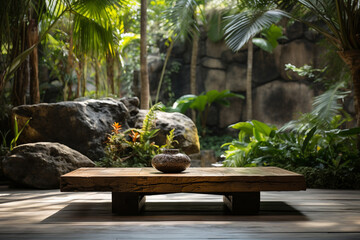 Poster - Zen garden featuring tropical plants in a minimalistic setting, offering a serene and elevated experience.