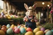 A whimsical rabbit dressed in a traditional farmer's outfit, complete with overalls and a straw hat, joyfully hopping through a field of colorful Easter eggs.