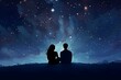 © Your Background - Watercolor young couple sitting under the sparkling galaxy night sky background for valentine lover