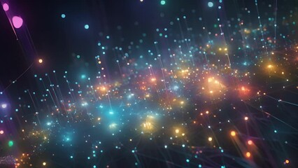 Wall Mural - a colorful explosion of nodes, representing autonomous agents, dynamically coalesce and disperse, de