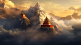 Fototapeta  - Majestic buddhist temple nestled in misty mountain surroundings at dawn exudes serenity and spiritual awakening, dreamlike tibetan temple radiates atmosphere of calm and tranquility