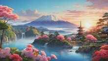 Bright Mood Landscapes Of Beautiful Morning Skies, Mountains, Trees, Lakes, With Simple Animations In Japanese Anime Watercolour Style. A Smooth Looping Video Perfect For Your Projects.