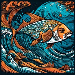 Wall Mural - illustration of a fantasy Asian fish in the angry ocean