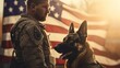Comprehensive scene showcasing the significance of Veterans Day with a military man's back and a service German Shepherd against the backdrop of the US flag.