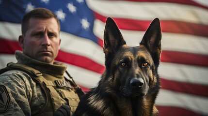 Wall Mural - Landscape shot featuring the strength and loyalty of a military man and his service German Shepherd against the backdrop of the US flag on Veterans Day.