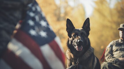 Wall Mural - Overview of a wide scene displaying the camaraderie between a military man and his service German Shepherd, paying tribute to Veterans Day with the US flag.