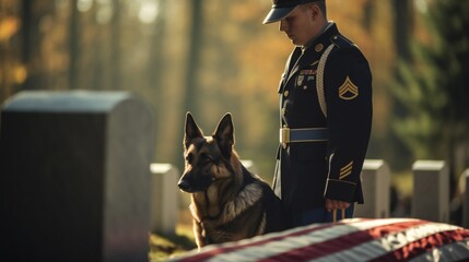 Wall Mural - Overview of a wide scene displaying the camaraderie between a military man and his service German Shepherd, paying tribute to Veterans Day with the US flag.