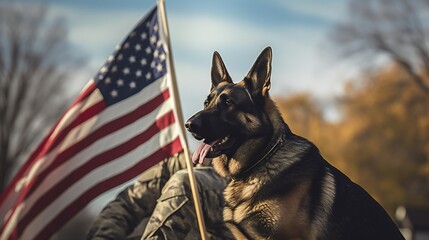 Wall Mural - Panorama illustrating the commitment of veterans with a military man and service German Shepherd, the US flag forming a powerful background on Veterans Day.