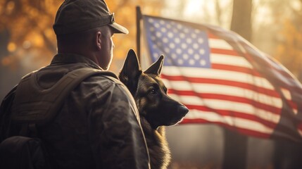 Wall Mural - Panoramic shot presenting a poignant image of a military man's back with a service German Shepherd, standing proudly in front of the US flag on Veterans Day.