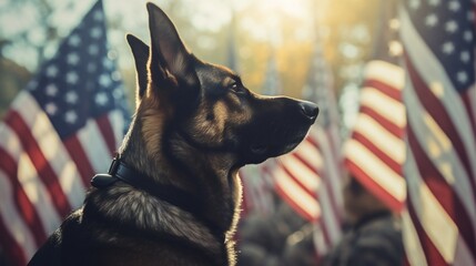 Wall Mural - Panoramic shot presenting the unity and patriotism of a military man and his service German Shepherd, paying tribute to Veterans Day with the US flag.
