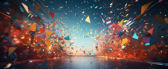 Wall Mural - Falling confetti and abstract shapes converge, forming a visually stunning scene perfect for an attention-grabbing sales promotion.