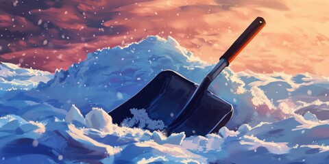 Poster - A shovel stuck in a pile of snow. Suitable for winter, snow removal, and outdoor activities