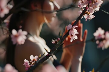 Sticker - A woman standing in front of a tree with beautiful pink flowers. This picture can be used for various purposes, such as nature themes, springtime, beauty, and tranquility