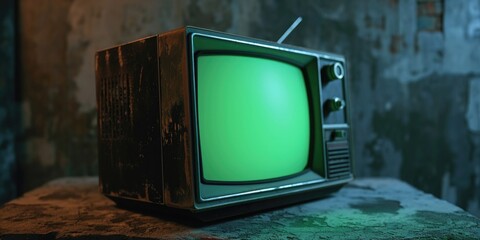 Wall Mural - an old television with a green screen is placed on a rock. this image can be used for digital market