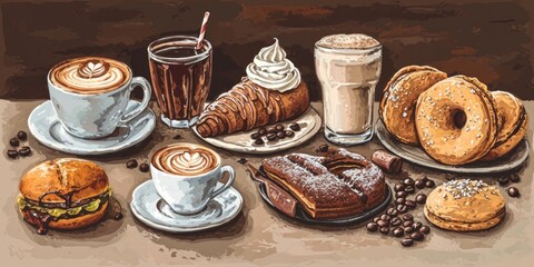 Canvas Print - A colorful painting featuring a variety of delicious breakfast foods. Perfect for use in food blogs, restaurant menus, or kitchen decor