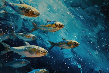 Canvas Print - A painting depicting a group of fish swimming in the ocean. Suitable for various underwater and marine-themed projects