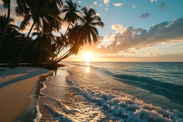 Canvas Print - A beautiful sunset over the ocean with palm trees in the foreground. Perfect for travel and tropical themes