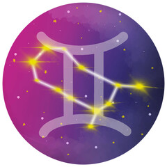 Gemini symbol vector illustration With a constellation of twins on the front and back full of stars on a galaxy background in purple-pink tones.