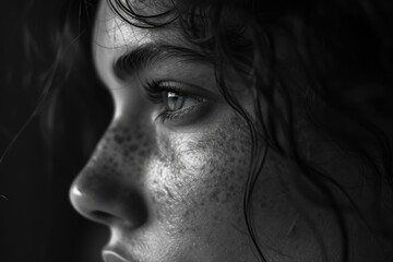 Canvas Print - A close up view of a woman's face with freckles. This image can be used in various projects and designs