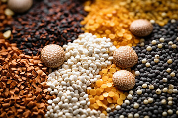 Wall Mural - Assorted different types of beans and cereals grains. Set of indispensable sources of protein for a healthy lifestyle. Close-up. View from above.