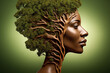 A 3d portrait presents a woman with a tree on her head, portraying a beautiful, elegant dryad or forest goddess.