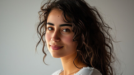 Portrait of young happy woman looks in camera on white background