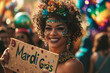 Mardi Gras concept image with woman at carnival holding Mardi Gras sign on shrove thursday holiday