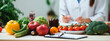 Nutritionist at a table with vegetables and fruits. Selective focus.