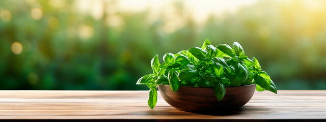 Wall Mural - Basil harvest in a bowl on a garden background. Selective focus.