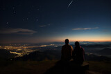 Fototapeta Natura - Distant view of a couple on a mountain top - romantically gazing at a stunning meteor shower - surrounded by natural beauty.