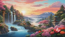 Soothing Spring Landscape, Waterfall, Quaint House, Cherry Blossoms, Pretty Afternoon Sky With Simple Animation In Japanese Anime Watercolour Style. A Smooth Looping Video Perfect For Your Projects.