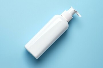 Wall Mural - Blank white soap dispenser bottle mockup on blue background. Top view