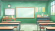Empty school classroom and green chalkboard with empty space. Cartoon or Japanese anime watercolor painting illustration style.