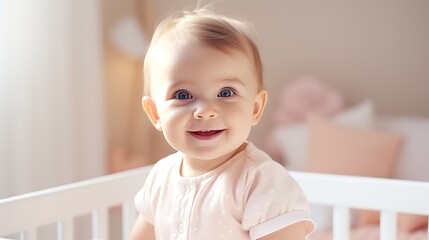 a cute little 1-2 year old baby with blonde hair is standing in a crib and laughing. happy childhood