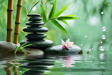 rocks stacked on rocks and bamboo trees on water background