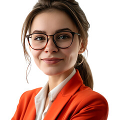 Close up young fun happy successful employee business woman corporate lawyer 30s wearing classic formal orange suit glasses work in office look camera