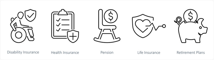 Sticker - A set of 5 Employee Benefits icons as disability insurance, health insurance, pension