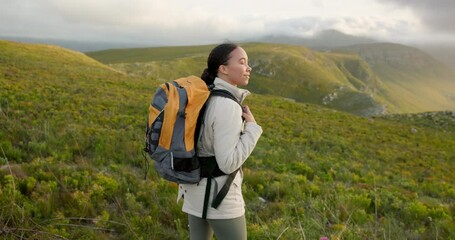 Wall Mural - woman, hiking on mountains and breathing fresh air for outdoor wellness, fitness and health in natur